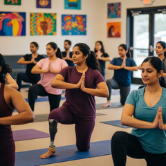 South Asian woman with prosthetic leg during group yoga class