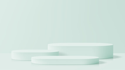 Three empty light green product podiums. Minimalist background for cosmetic presentation. Modern clean design for branding.