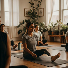 South Asian woman with prosthetic leg during group yoga class