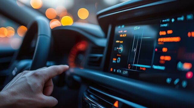 A modern AI-powered car dashboard displaying real-time traffic predictions, lane assist interface, and voice navigation, detailed interior with ambient lights