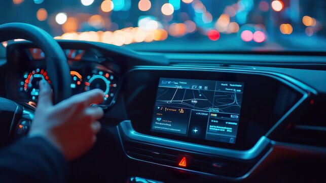 A modern AI-powered car dashboard displaying real-time traffic predictions, lane assist interface, and voice navigation, detailed interior with ambient lights