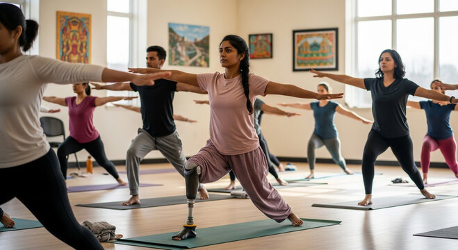 South Asian woman with prosthetic leg during group yoga class - Powered by Adobe