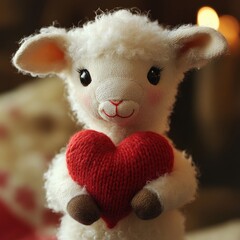 Cute white lamb holding a knitted red heart. Sweet holiday gift.