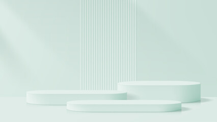 Three light green display podiums on reflective surface with ribbed background column. Product presentation stage for promotion.