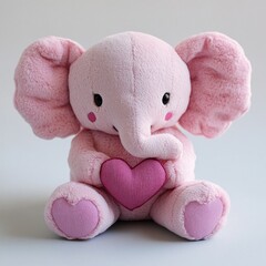 Pink plush elephant toy holding a heart. Nursery decor for girls
