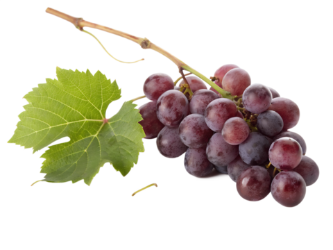 Fresh ripe red grapes with green leaf isolated on transparent background