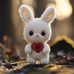 Funny toy rabbit in pink outfit. Nursery decor and kids toy