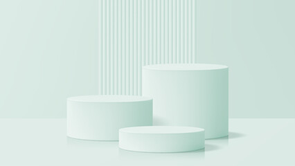 Three green cylindrical product display podiums with a ribbed wall in the background. Modern cosmetic or showcase pedestal for product presentation.