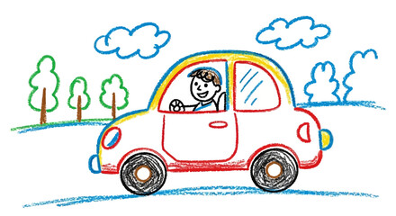 Child's colorful drawing of a car with a driver on a landscape.