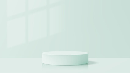 Product podium mockup vector. A round cylinder display in a light green room with window shadow. Scene abstract production for product presentation.