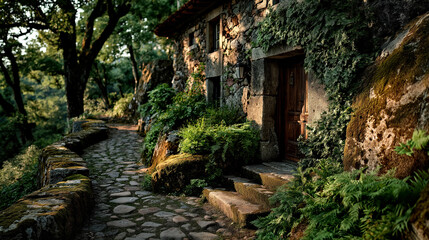 Charming Stone Cottage Surrounded by Lush Greenery on a Peaceful Cobblestone Pathway
