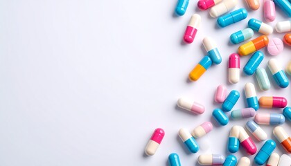 Colorful pills scattered on white background (1)