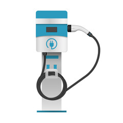 Charging station for electric car charging power station Plugin vehicle getting energy from battery supply EV recharging point charging device vector illustration