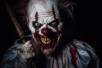 Scary bloody clown in the dark. Halloween. Horror film. Halloween theme. Evil Clown. Horror movie Concept. Halloween Concept with Copy Space.
