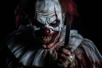 Scary scary clown with a knife in the dark. Halloween. Halloween theme. Evil Clown. Horror movie Concept. Halloween Concept with Copy Space.