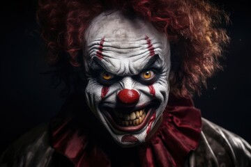 Close-up portrait of a scary clown on dark background. Halloween. Halloween theme. Evil Clown. Horror movie Concept. Halloween Concept with Copy Space.