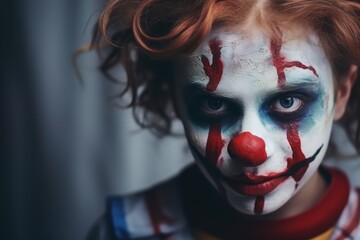 Close-up portrait of a scary clown with red hair. Horror movie. Halloween theme. Evil Clown. Horror movie Concept. Halloween Concept with Copy Space.