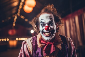 Portrait of a clown in a clown costume on a blurred background. Halloween theme. Evil Clown. Horror movie Concept. Halloween Concept with Copy Space.