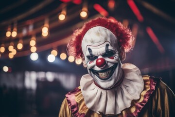 Portrait of a clown in a carnival costume with a red nose. Halloween theme. Evil Clown. Horror movie Concept. Halloween Concept with Copy Space.