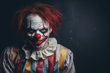 Portrait of a scary clown on dark background. Horror movie. Halloween theme. Evil Clown. Horror movie Concept. Halloween Concept with Copy Space.