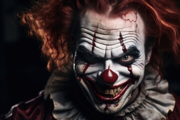 Portrait of a scary clown with red hair. Horror movie. Halloween theme. Evil Clown. Horror movie Concept. Halloween Concept with Copy Space.