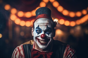 Clown with red nose against the backdrop of a luminous circus. Halloween theme. Evil Clown. Horror movie Concept. Halloween Concept with Copy Space.