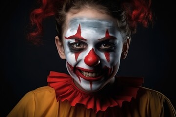 Portrait of a evil clown girl on a black background. Close-up. Halloween theme. Evil Clown. Horror movie Concept. Halloween Concept with Copy Space.