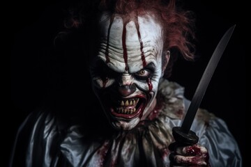Portrait of a scary clown with a knife on a black background. Halloween theme. Evil Clown. Horror movie Concept. Halloween Concept with Copy Space.
