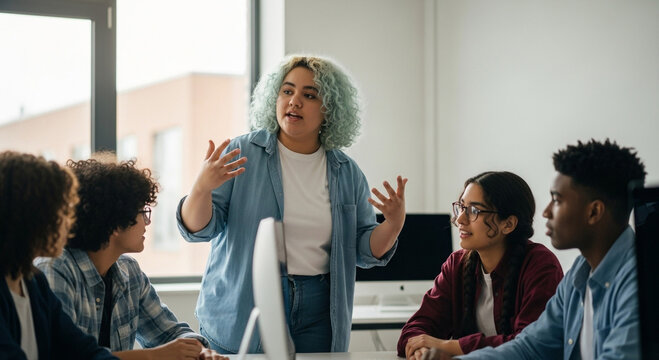 Non-binary teen teaching coding to diverse group in computer lab