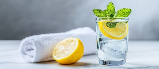 Refreshing glass of sparkling water garnished with lemon and mint, resting on marble alongside sliced citrus and crisp white towel, embodying hydration and cleanliness