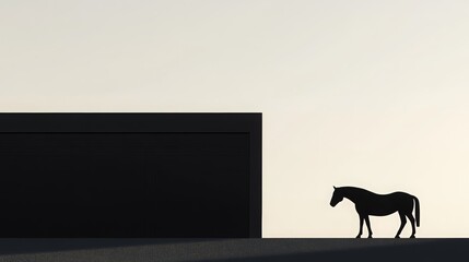 Sleek black horse silhouette walking gracefully beside contemporary dark architecture, illuminated by warm sunset glow, creating dramatic geometric contrast