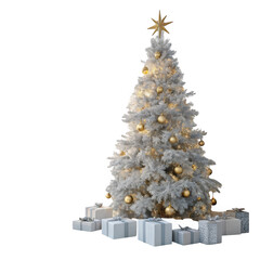 Elegant white christmas tree decorated with gold ornaments and gifts isolated on transparent background