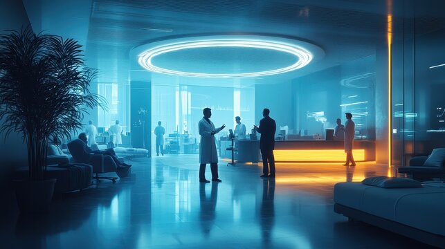 Innovative medical facility with neon lighting and cutting-edge design features, showcasing doctors, nurses, and patients - Powered by Adobe