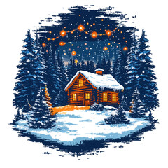 Cozy winter cabin covered in snow