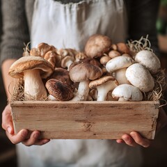 Fresh organic mushrooms in wooden box held by person in white apron. Perfect for eco markets, food delivery visuals or vegetarian recipe websites. Selective focus .