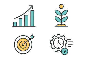 A collection of linear icons representing progress, growth, and efficiency is available, featuring editable strokes in a vector illustration format