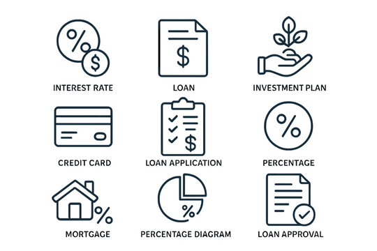 This set of vector line icons is simple and loan-related, featuring symbols like interest rate, investment plan, and percentage diagram, among others, with editable strokes in a 48x48 pixel perfect