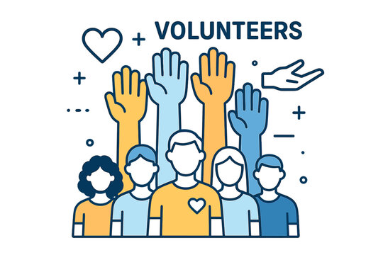 Volunteers and charity work, represented by raised helping hands, are depicted in vector thin line icon illustrations showing a crowd of people prepared to assist and contribute