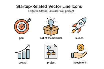 This collection includes a variety of startup-related vector line icons, including symbols for goal, out-of-the-box idea, launch project, and others, all with editable strokes and 48x48 pixel perfect