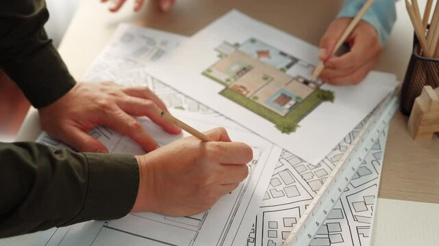 Professional engineer team discussion about house design on meeting table with architectural equipment and building blueprint scatter around at modern office. Focus on hand. Closeup. Delineation.