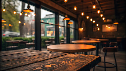Cozy restaurant interior with warm lighting and wooden tables by the window