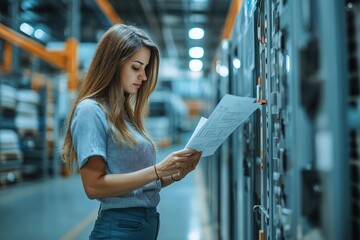 Young woman in hard hat reviews clipboard data at manufacturing factory for quality assurance