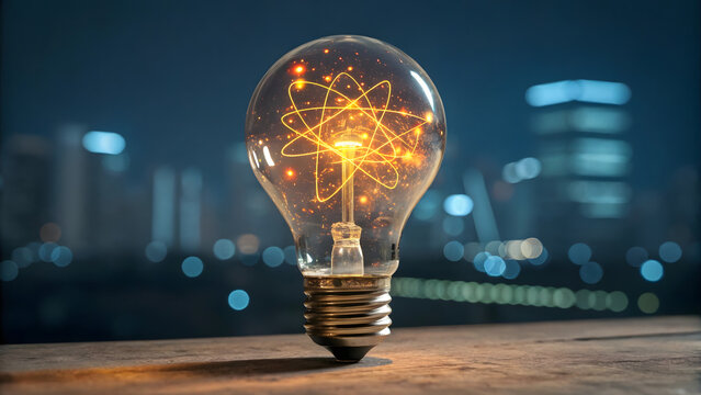 Bright idea light bulb with atomic structure glowing against a blurred city skyline at night