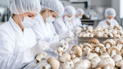 Workers in protective gear inspect and sort mushrooms at a processing facility, ensuring quality control and hygiene in the food production line.