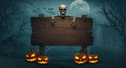 Halloween Scene Skeleton with Blank Wooden Sign Jackolanterns Spooky Forest Background Perfect for Autumnal and Halloween Designs
