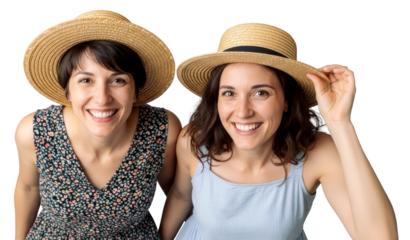 Smiling Hispanic Female Sisters Wearing Straw Hats