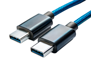Two blue braided usb type c cables with silver connectors isolated on transparent background