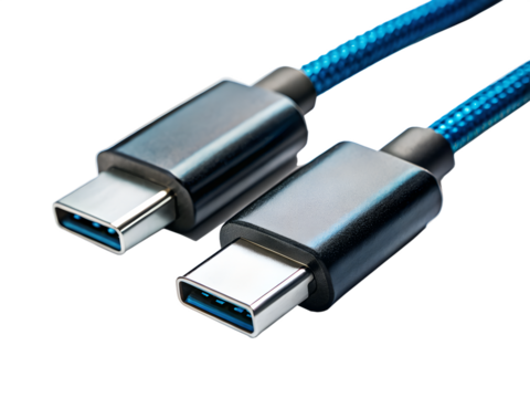 Two blue braided usb type c cables with silver connectors isolated on transparent background