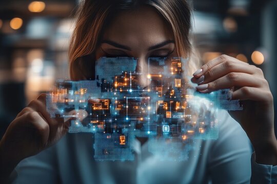 Woman examining holographic interface displaying data and connections with illuminated dots, lines, and icons in an office