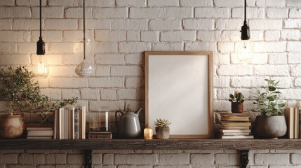 A rustic wooden shelf against a white brick wall displays a blank framed poster, flanked by books, plants, and vintage-style lights